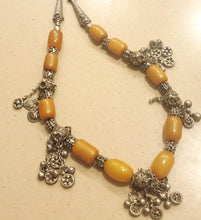 Load image into Gallery viewer, Antique Yemen Silver African amber with Dangle bells Necklace circa 1930s
