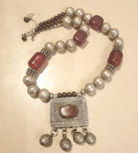 Load image into Gallery viewer, Antique Silver Amulet Necklace: Agate &amp; African Amber, 1910s Bedouin Tribal Jewelry

