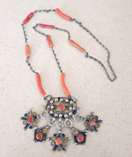 Load image into Gallery viewer, Antique Kabyle Coral Bead Necklace: Algerian Silver Pendants, Ethnic Jewelry
