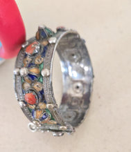 Load image into Gallery viewer, 1930s Kabyle Silver Cuff Bracelet: Enamel &amp; Red Coral Tribal Jewelry
