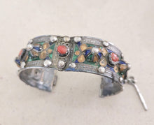 Load image into Gallery viewer, 1930s Kabyle Silver Cuff Bracelet: Enamel &amp; Red Coral Tribal Jewelry
