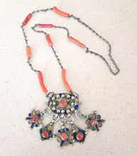 Load image into Gallery viewer, Antique Kabyle Coral Bead Necklace: Algerian Silver Pendants, Ethnic Jewelry

