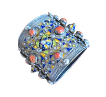 Load image into Gallery viewer, 1930s Algerian Kabyle Silver Cuff Bracelet: Enamel &amp; Red Coral Tribal Jewelry
