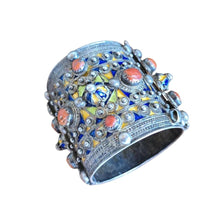 Load image into Gallery viewer, 1930s Algerian Kabyle Silver Cuff Bracelet: Enamel &amp; Red Coral Tribal Jewelry

