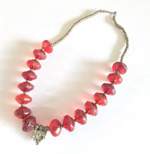Load image into Gallery viewer, Old Ethiopian Silver Telsum Necklace: Red Vaseline Beads, Amulet Pendant

