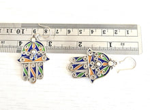Load image into Gallery viewer, Moroccan Hamsa Enamel Earrings: Sterling Silver 925, Berber Tribal Jewelry
