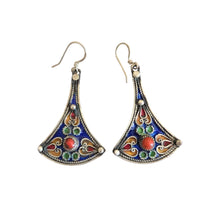 Load image into Gallery viewer, Moroccan Berber Earrings: Blue Enamel, Red Coral, Sterling Silver
