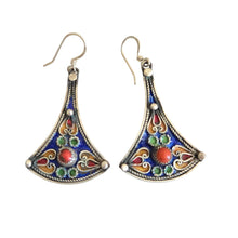 Load image into Gallery viewer, Moroccan Berber Earrings: Blue Enamel, Red Coral, Sterling Silver
