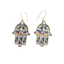 Load image into Gallery viewer, Moroccan Hamsa Enamel Earrings: Sterling Silver 925, Berber Tribal Jewelry
