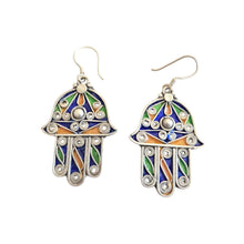 Load image into Gallery viewer, Moroccan Hamsa Enamel Earrings: Sterling Silver 925, Berber Tribal Jewelry
