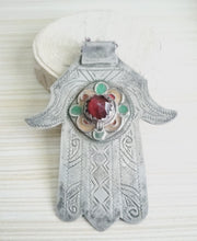 Load image into Gallery viewer, Moroccan Old Silver &amp; Enamel Hand of Fatima Hamsa Pendant Amulet,Berber Jewelry,African Jewelry,Moroccan Jewelry,Hand of Fatima Charm,
