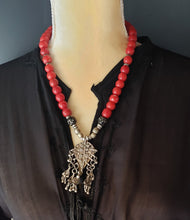 Load image into Gallery viewer, Antique Yemen silver Dangle Filigree Red Beads Necklace,trade beads, Ethiopian necklace, Ethiopian trade beads, Filigree Necklace
