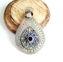 Load image into Gallery viewer, Antique Moroccan Silver Enamel and Glass cabochon Berber Pendant, Berber Amulet,Berber Jewelry,African Jewelry,Charm Pendant,
