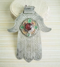 Load image into Gallery viewer, Moroccan Old Silver &amp; Enamel Hand of Fatima Hamsa Pendant Amulet,Berber Jewelry,African Jewelry,Moroccan Jewelry,Hand of Fatima Charm,
