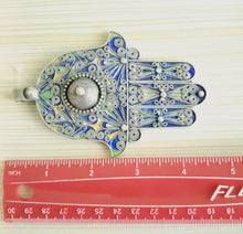 Load image into Gallery viewer, Moroccan Huge Enamel Silver Hand of Fatima Hamsa Pendant Amulet,Berber Jewelry, Enamel Jewelry,Moroccan Jewelry,Hand of Fatima Charm,
