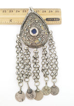 Load image into Gallery viewer, Antique Moroccan Silver enamel Berber Teardrop Pendant with dangle coins, Berber Amulet,Berber Jewelry,African Jewelry,Charm Pendant,
