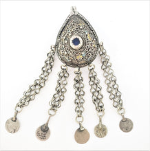 Load image into Gallery viewer, Antique Moroccan Silver enamel Berber Teardrop Pendant with dangle coins, Berber Amulet,Berber Jewelry,African Jewelry,Charm Pendant,
