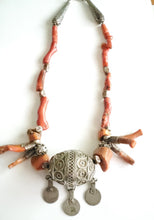Load image into Gallery viewer, Antique Moroccan Red Coral Silver Enameled Ball Pendent with Coin necklace ,Berber Necklaces,Ethnic Jewelry,Tribal Jewelry
