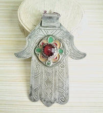 Load image into Gallery viewer, Moroccan Old Silver &amp; Enamel Hand of Fatima Hamsa Pendant Amulet,Berber Jewelry,African Jewelry,Moroccan Jewelry,Hand of Fatima Charm,
