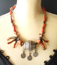 Load image into Gallery viewer, Antique Moroccan Red Coral Silver Enameled Ball Pendent with Coin necklace ,Berber Necklaces,Ethnic Jewelry,Tribal Jewelry
