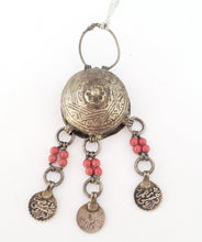 Load image into Gallery viewer, antique Moroccan silver chased circular talisman box three pendants, Berber Amulet,Berber Jewelry,African Jewelry,Charm Pendant,
