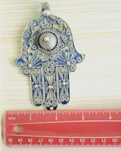 Load image into Gallery viewer, Moroccan Huge Enamel Silver Hand of Fatima Hamsa Pendant Amulet,Berber Jewelry, Enamel Jewelry,Moroccan Jewelry,Hand of Fatima Charm,
