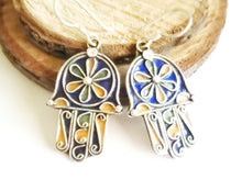Load image into Gallery viewer, Moroccan Hand of Fatima Hamsa blue Enamel Earrings sterling silver 925,Hand of Fatima Jewelry,sliver Earrings,Dangle &amp; Drop Earrings,
