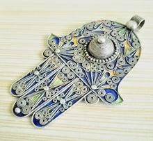 Load image into Gallery viewer, Moroccan Huge Enamel Silver Hand of Fatima Hamsa Pendant Amulet,Berber Jewelry, Enamel Jewelry,Moroccan Jewelry,Hand of Fatima Charm,
