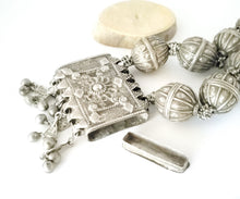 Load image into Gallery viewer, large silver Antique Bedouin filigree silver dangles pendant necklace with old Yemeni hallmarked beads ,circa 1920s ethnic tribal,
