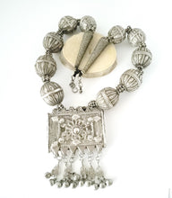 Load image into Gallery viewer, large silver Antique Bedouin filigree silver dangles pendant necklace with old Yemeni hallmarked beads ,circa 1920s ethnic tribal,
