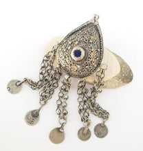 Load image into Gallery viewer, Antique Moroccan Silver enamel Berber Teardrop Pendant with dangle coins, Berber Amulet,Berber Jewelry,African Jewelry,Charm Pendant,
