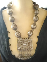 Load image into Gallery viewer, large silver Antique Bedouin filigree silver dangles pendant necklace with old Yemeni hallmarked beads ,circa 1920s ethnic tribal,
