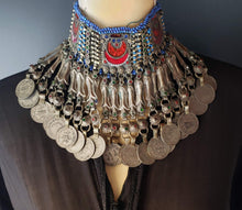 Load image into Gallery viewer, Old silver choker necklace from Pashtun tribal jewellery Ethnic Afghani kuci choker, old coins necklace, Boho tribal jewelry, gypsy style,
