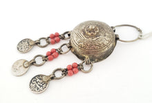 Load image into Gallery viewer, antique Moroccan silver chased circular talisman box three pendants, Berber Amulet,Berber Jewelry,African Jewelry,Charm Pendant,
