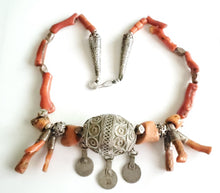 Load image into Gallery viewer, Antique Moroccan Red Coral Silver Enameled Ball Pendent with Coin necklace ,Berber Necklaces,Ethnic Jewelry,Tribal Jewelry
