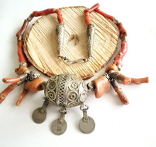 Load image into Gallery viewer, Antique Moroccan Red Coral Silver Enameled Ball Pendent with Coin necklace ,Berber Necklaces,Ethnic Jewelry,Tribal Jewelry
