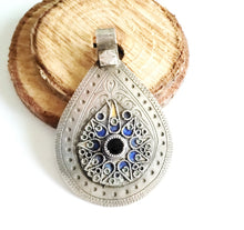 Load image into Gallery viewer, Antique Moroccan Silver Enamel and Glass cabochon Berber Pendant, Berber Amulet,Berber Jewelry,African Jewelry,Charm Pendant,
