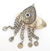 Load image into Gallery viewer, Antique Moroccan Silver enamel Berber Teardrop Pendant with dangle coins, Berber Amulet,Berber Jewelry,African Jewelry,Charm Pendant,
