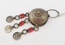 Load image into Gallery viewer, antique Moroccan silver chased circular talisman box three pendants, Berber Amulet,Berber Jewelry,African Jewelry,Charm Pendant,
