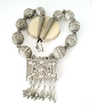 Load image into Gallery viewer, large silver Antique Bedouin filigree silver dangles pendant necklace with old Yemeni hallmarked beads ,circa 1920s ethnic tribal,
