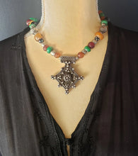 Load image into Gallery viewer, antique Berber silver Cross Amber trade beads necklace,Hand Crafted Silver,Pendants Necklace,Ethnic Jewelry,Tribal Jewelry
