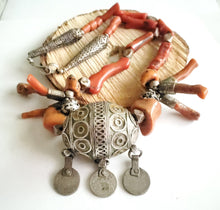 Load image into Gallery viewer, Antique Moroccan Red Coral Silver Enameled Ball Pendent with Coin necklace ,Berber Necklaces,Ethnic Jewelry,Tribal Jewelry
