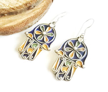 Load image into Gallery viewer, Moroccan Hand of Fatima Hamsa blue Enamel Earrings sterling silver 925,Hand of Fatima Jewelry,sliver Earrings,Dangle &amp; Drop Earrings,

