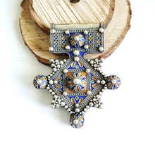 Load image into Gallery viewer, Moroccan Huge Enamel Silver Cross Pendant,silver 925,Moroccan Amulet ,Cross Jewelry,Enamel Jewelry,Berber Pendant,
