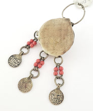 Load image into Gallery viewer, antique Moroccan silver chased circular talisman box three pendants, Berber Amulet,Berber Jewelry,African Jewelry,Charm Pendant,
