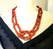 Load image into Gallery viewer, Antique Berber Natural Branch tow strand Red Coral Beads Morocco 225 gr,Hand Crafted ,Red Coral Necklace,Ethnic Coral ,Tribal Jewelry
