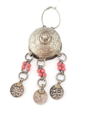 Load image into Gallery viewer, antique Moroccan silver chased circular talisman box three pendants, Berber Amulet,Berber Jewelry,African Jewelry,Charm Pendant,
