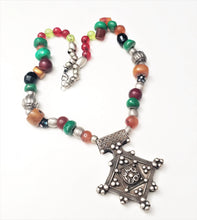 Load image into Gallery viewer, antique Berber silver Cross Amber trade beads necklace,Hand Crafted Silver,Pendants Necklace,Ethnic Jewelry,Tribal Jewelry
