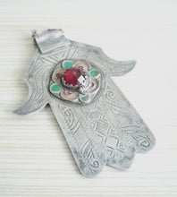 Load image into Gallery viewer, Moroccan Old Silver &amp; Enamel Hand of Fatima Hamsa Pendant Amulet,Berber Jewelry,African Jewelry,Moroccan Jewelry,Hand of Fatima Charm,
