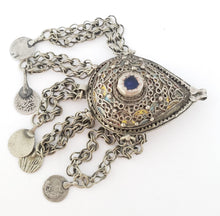 Load image into Gallery viewer, Antique Moroccan Silver enamel Berber Teardrop Pendant with dangle coins, Berber Amulet,Berber Jewelry,African Jewelry,Charm Pendant,
